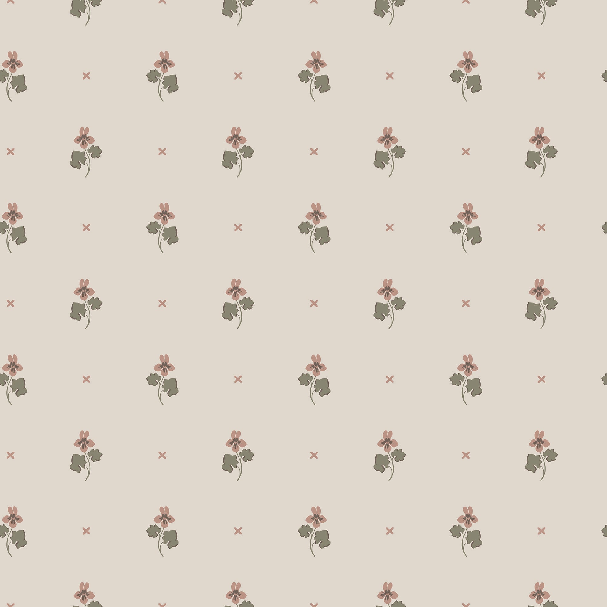 Mimi wallpaper by Sandberg, flat swatch of small dusty-pink violets with grey-green leaves and tiny crosses on a soft taupe ground