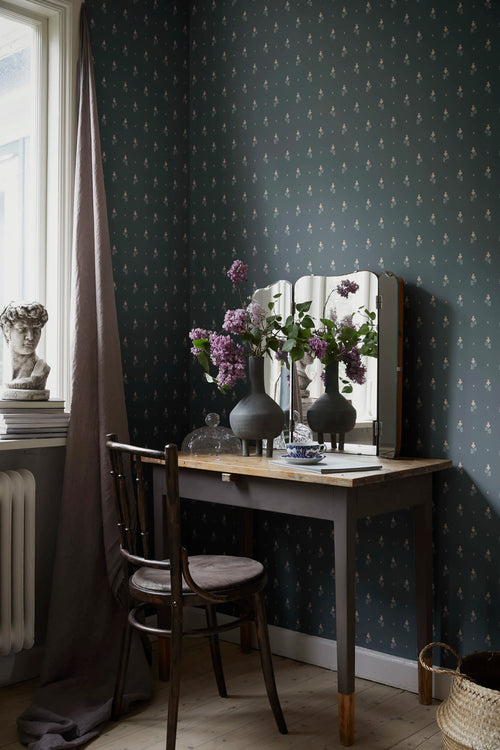 Mimi wallpaper by Sandberg – Blue – Indigo Blue colourway, styled in a second room setting