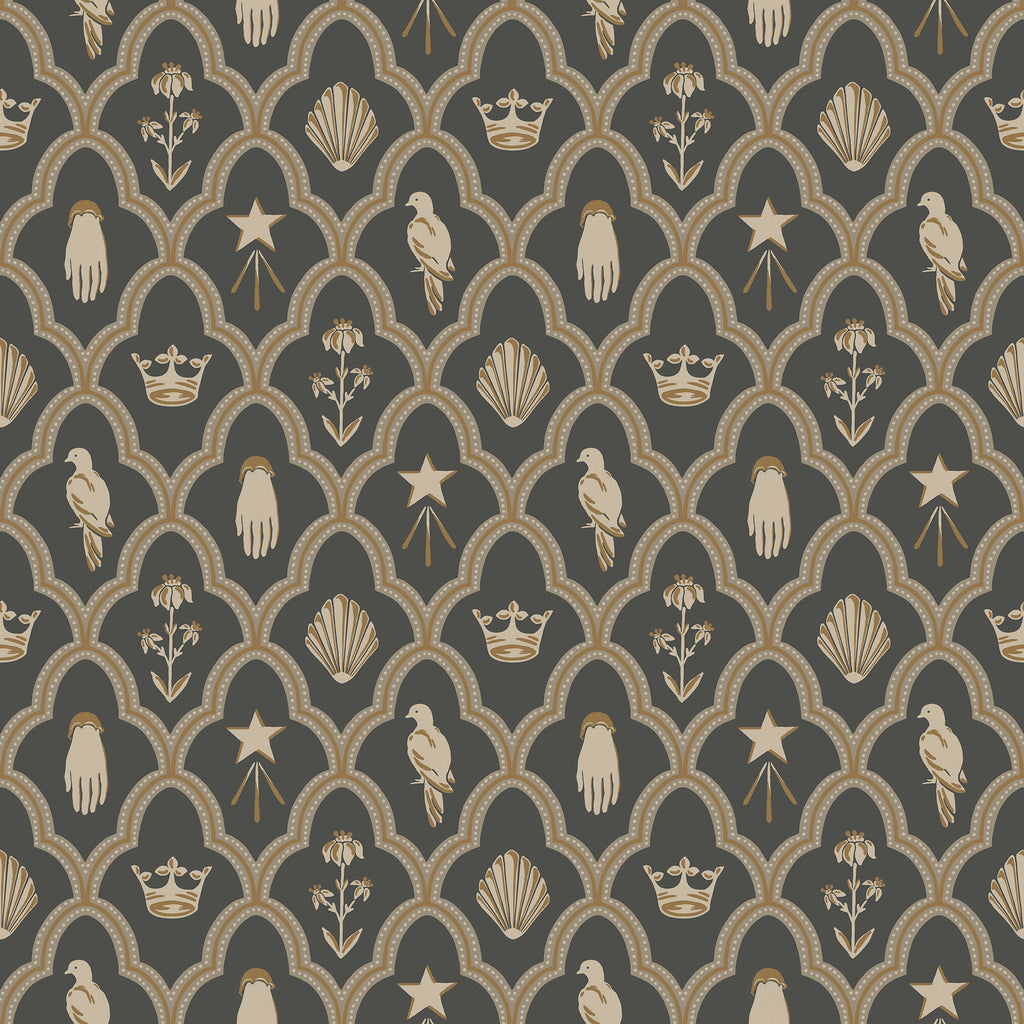 Turtledove Barn wallpaper by Sandberg, flat swatch of an ogee trellis with doves, crowns, hands and shells in gold on dark charcoal