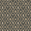 Turtledove Barn wallpaper by Sandberg, flat swatch of an ogee trellis with doves, crowns, hands and shells in gold on dark charcoal