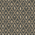 Turtledove Barn wallpaper by Sandberg, flat swatch of an ogee trellis with doves, crowns, hands and shells in gold on dark charcoal