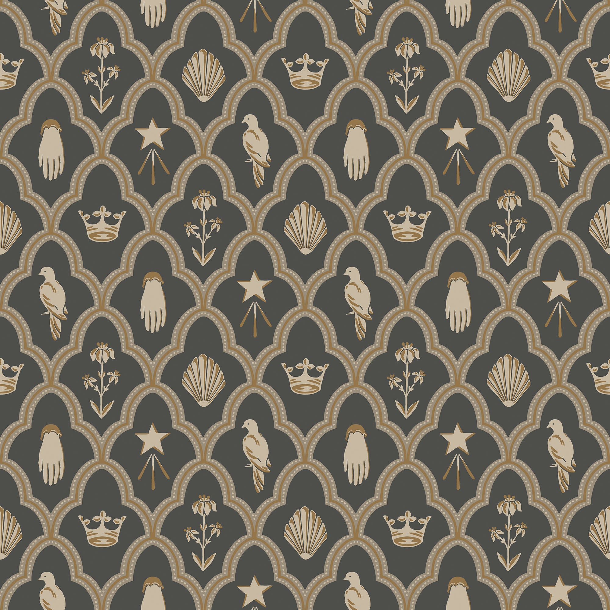 Turtledove Barn wallpaper by Sandberg, flat swatch of an ogee trellis with doves, crowns, hands and shells in gold on dark charcoal