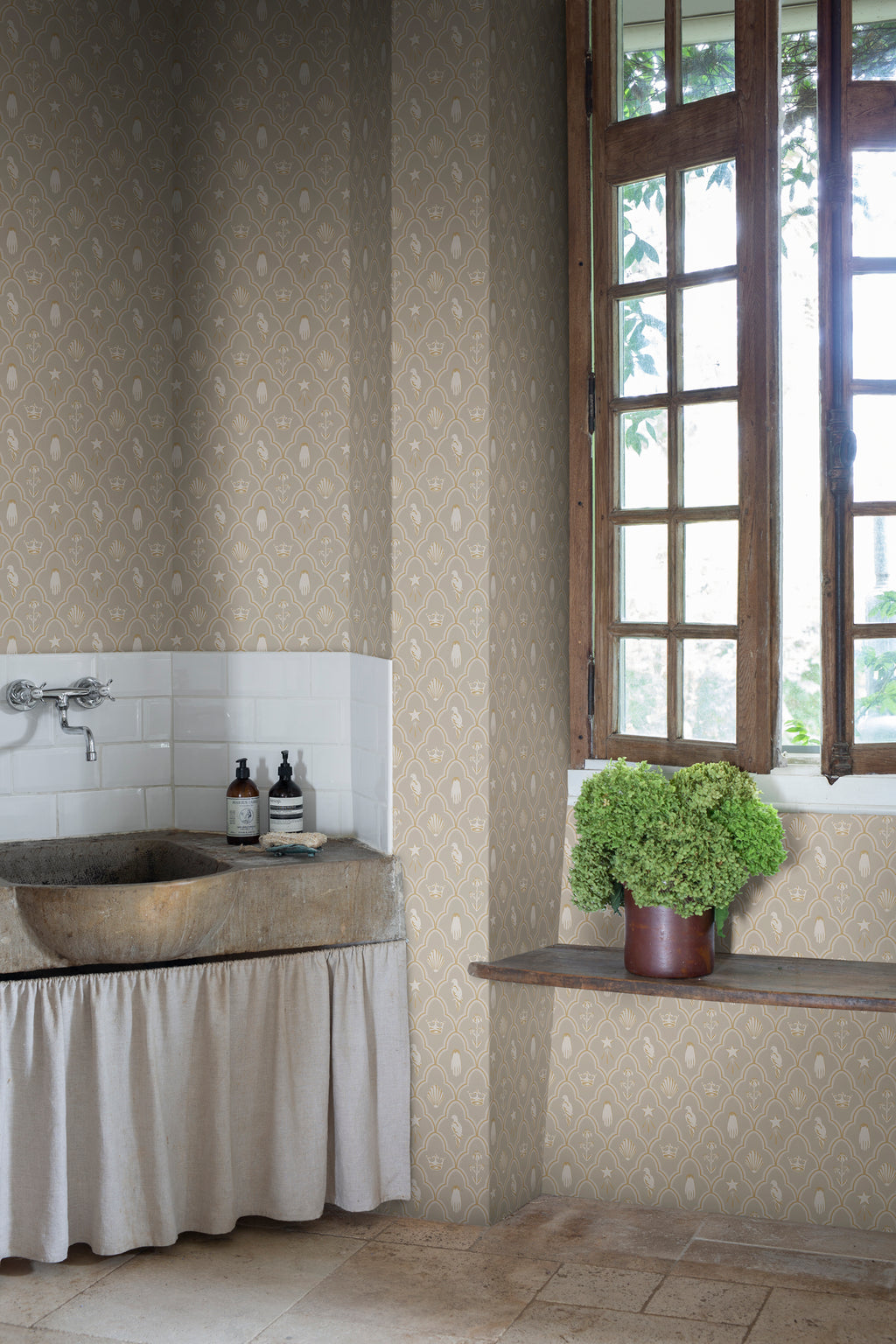 Turtledove Barn wallpaper by Sandberg in Grey, styled on an interior wall