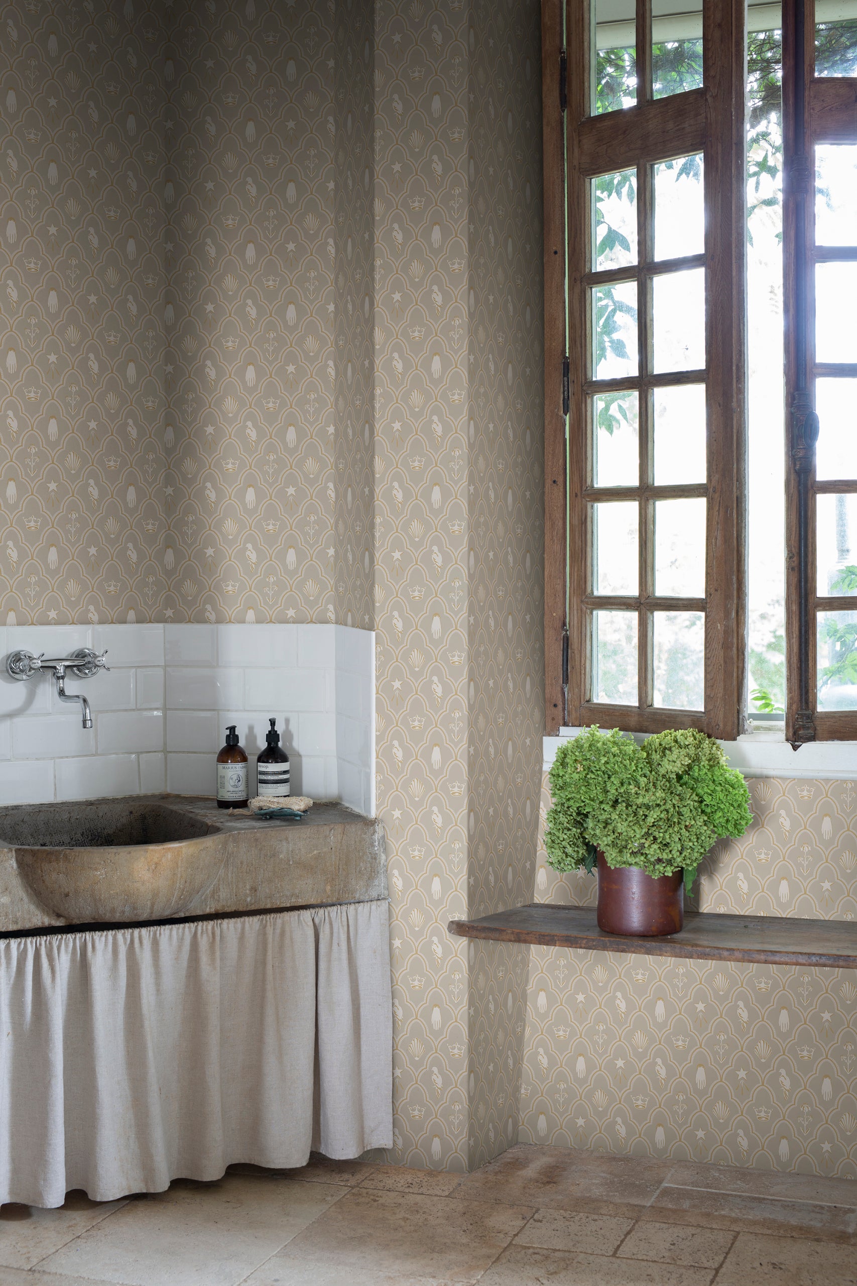 Turtledove Barn wallpaper by Sandberg in Grey, styled on an interior wall