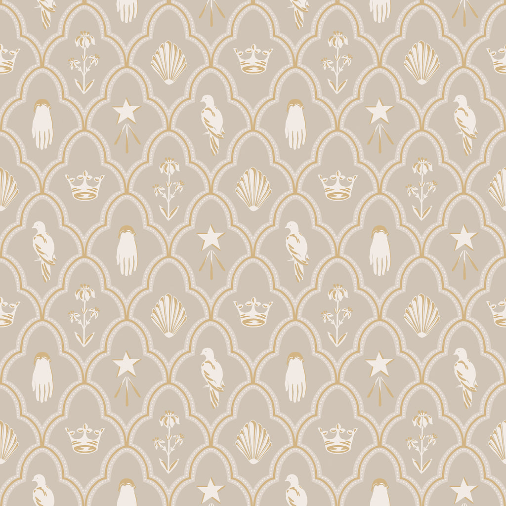 Turtledove Barn wallpaper by Sandberg, flat swatch of folk motifs of birds, crowns and shells in gold on a soft greige background
