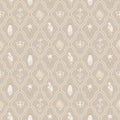 Turtledove Barn wallpaper by Sandberg, flat swatch of folk motifs of birds, crowns and shells in gold on a soft greige