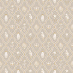 Turtledove Barn wallpaper by Sandberg, flat swatch of folk motifs of birds, crowns and shells in gold on a soft greige background