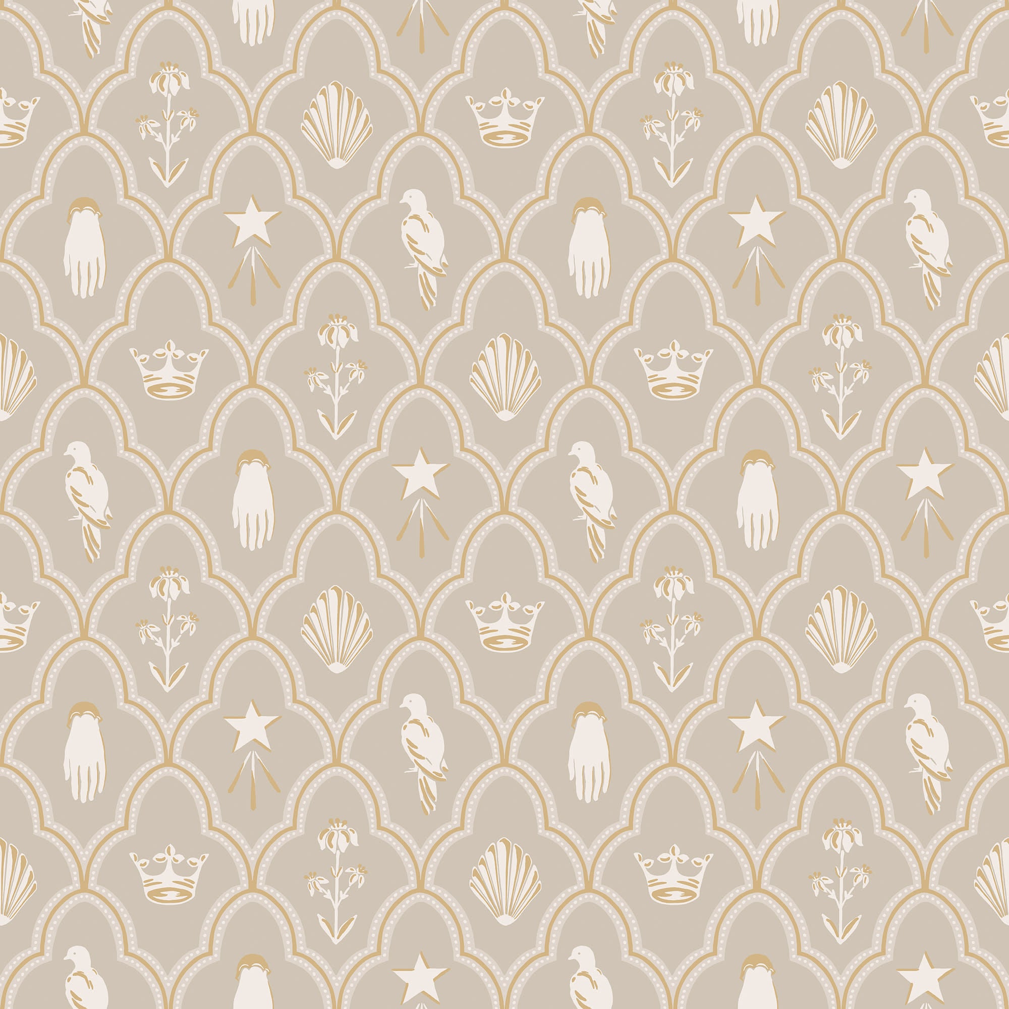 Turtledove Barn wallpaper by Sandberg, flat swatch of folk motifs of birds, crowns and shells in gold on a soft greige background