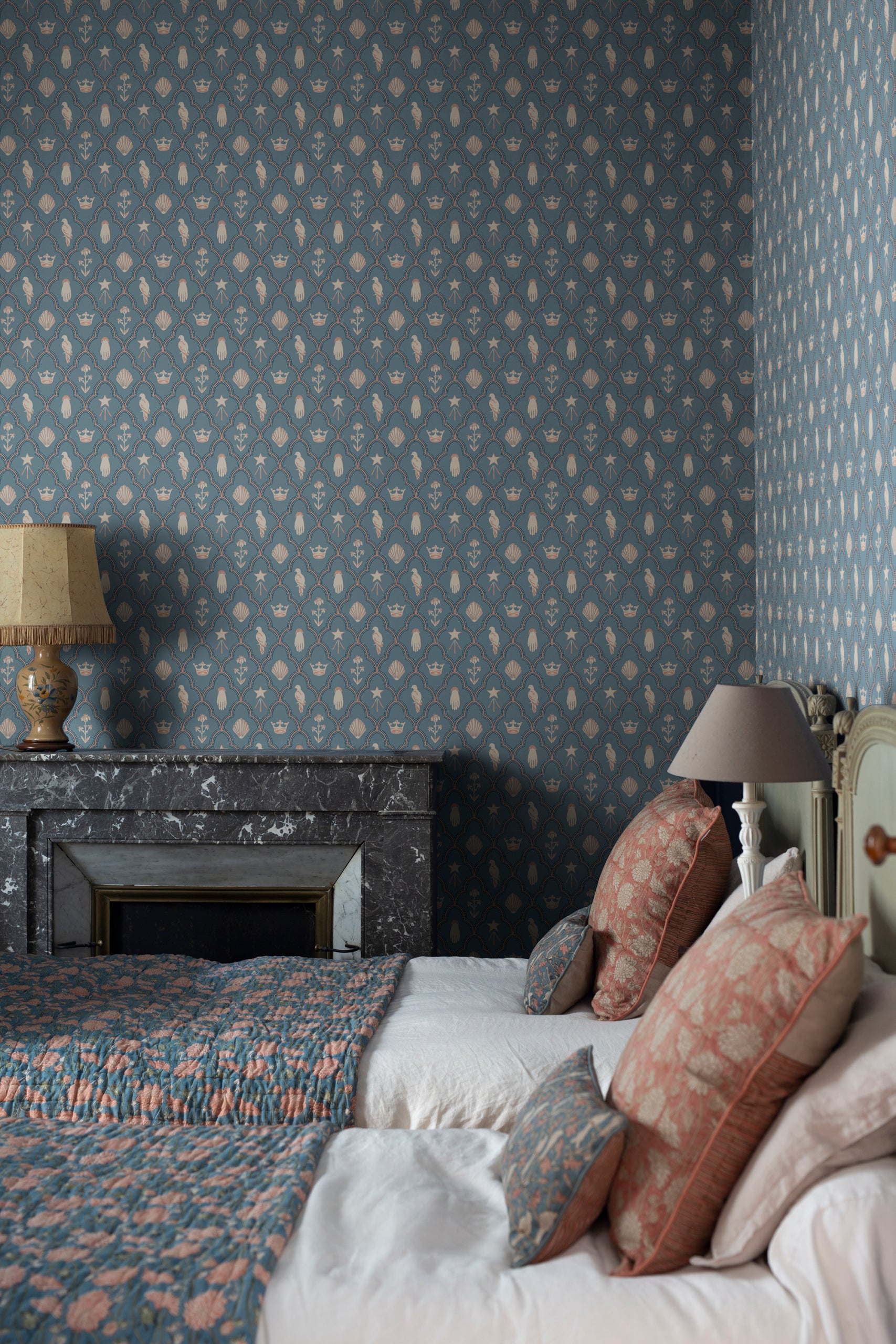 Turtledove Barn wallpaper by Sandberg in Indigo Blue, styled on an interior wall