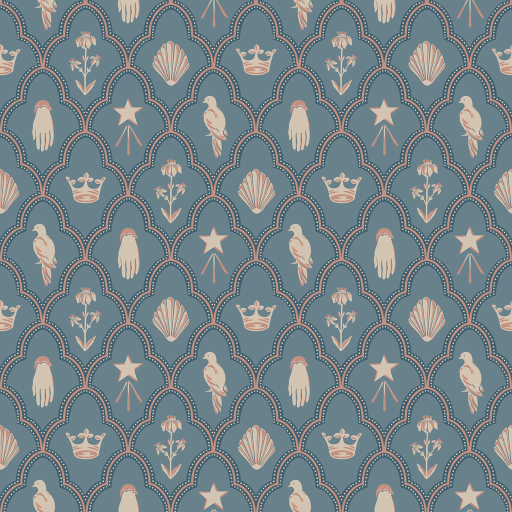 Turtledove Barn wallpaper by Sandberg, flat swatch of doves, crowns and shells in cream and blush on a muted teal-blue ground