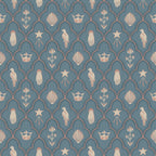 Turtledove Barn wallpaper by Sandberg, flat swatch of doves, crowns and shells in cream and blush on a muted teal-blue ground