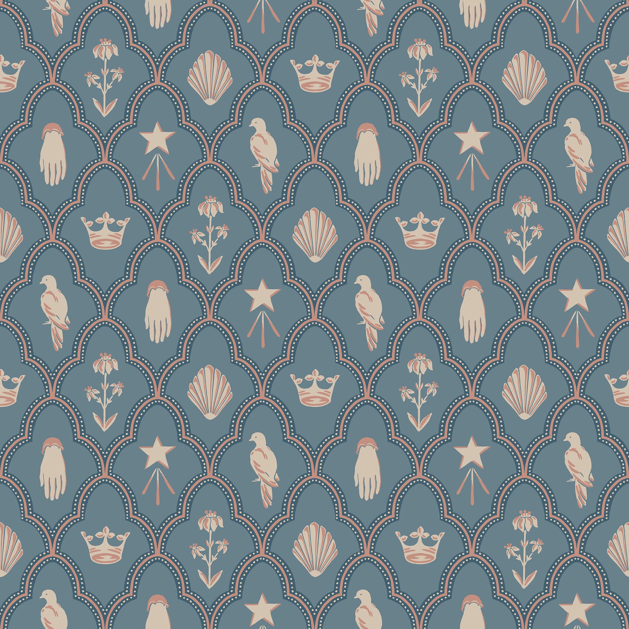 Turtledove Barn wallpaper by Sandberg, flat swatch of doves, crowns and shells in cream and blush on a muted teal-blue ground