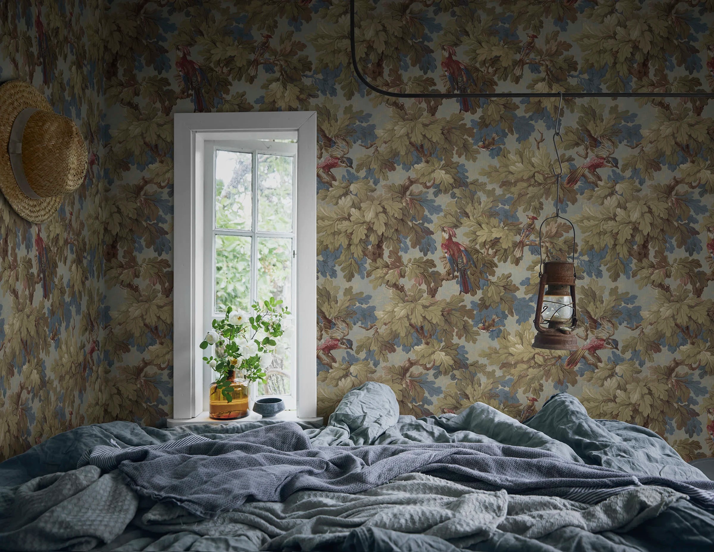 Benjamin wallpaper by Sandberg – botanical design, Green – Forest Green – styled in a room setting, view 2