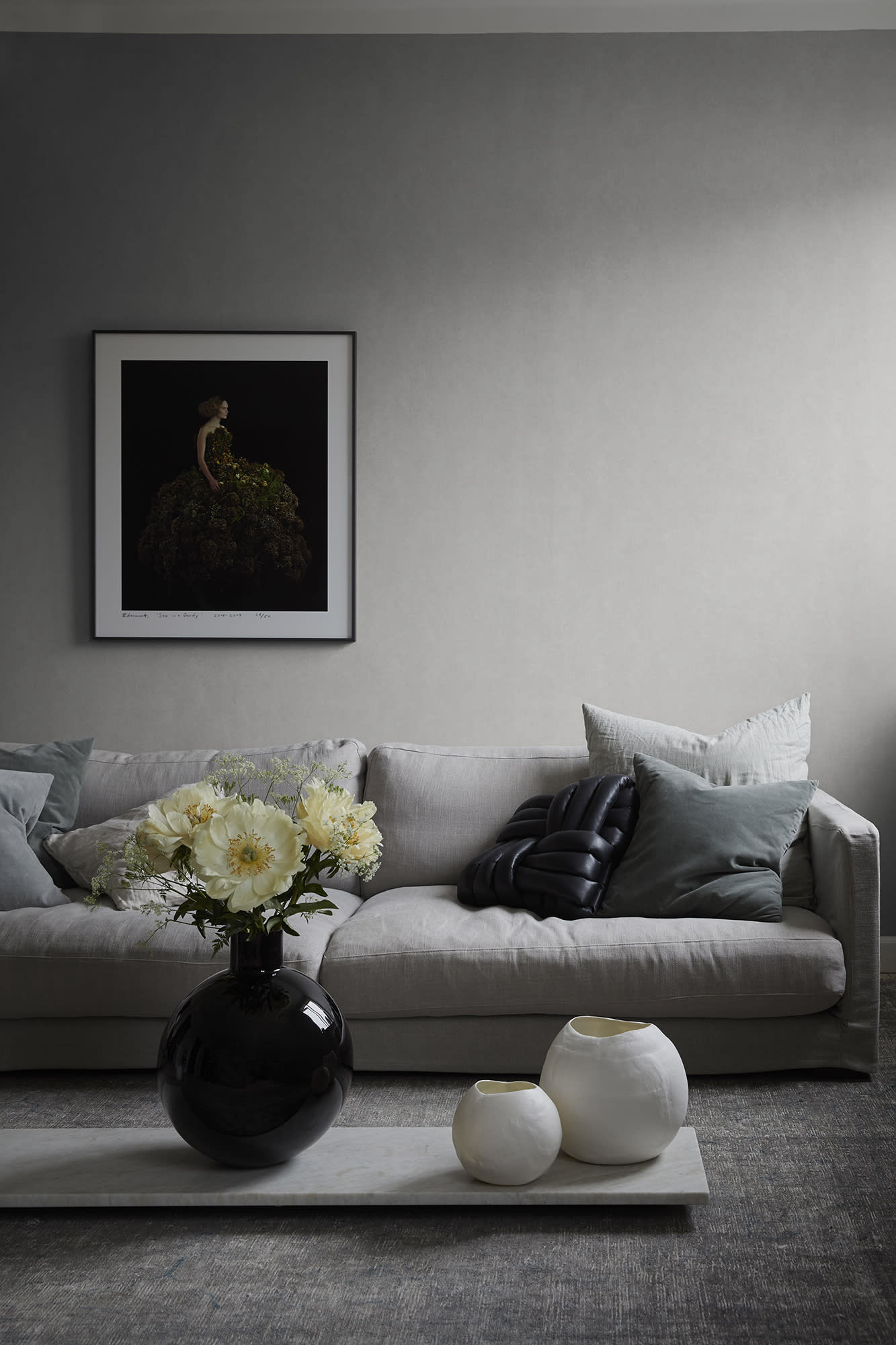 Kalk wallpaper by Sandberg in Grey, styled on an interior wall