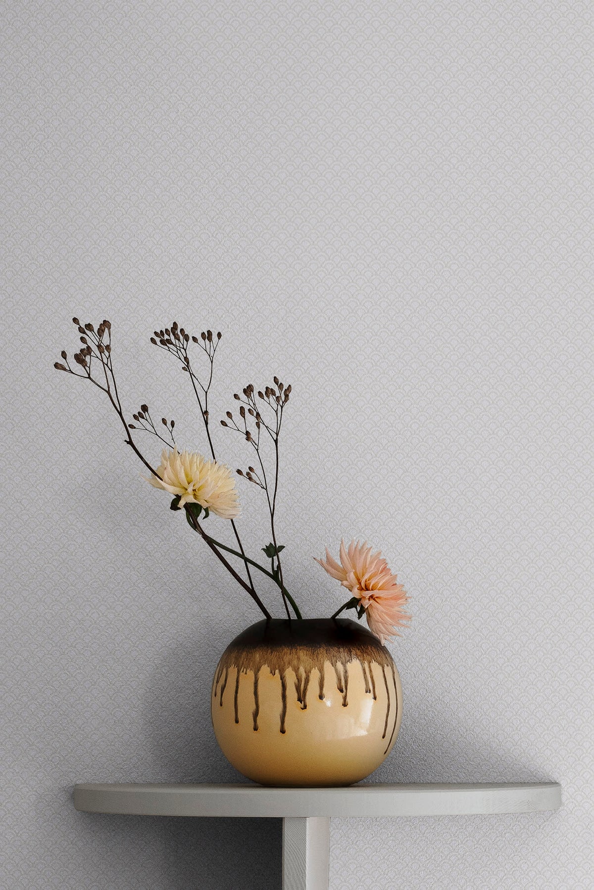 Valv wallpaper by Sandberg in White, styled on an interior wall