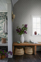 Trellis wallpaper by Sandberg in Garden Green, styled on an interior wall
