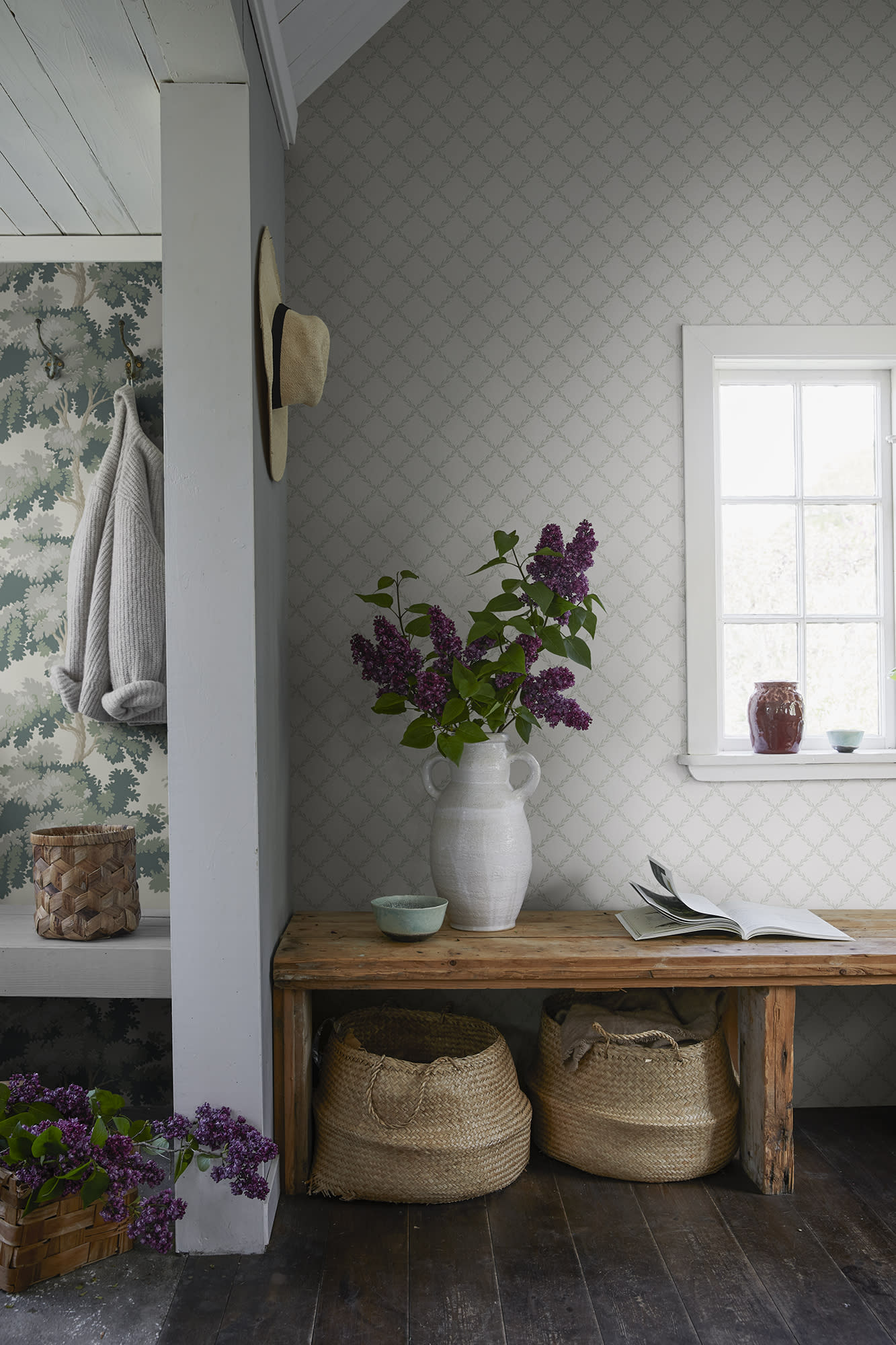 Trellis wallpaper by Sandberg in Garden Green, styled on an interior wall