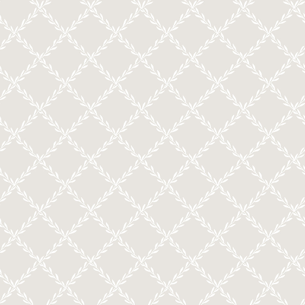 Trellis wallpaper by Sandberg in white on soft greige, leaf-trail trellis design, flat roll swatch