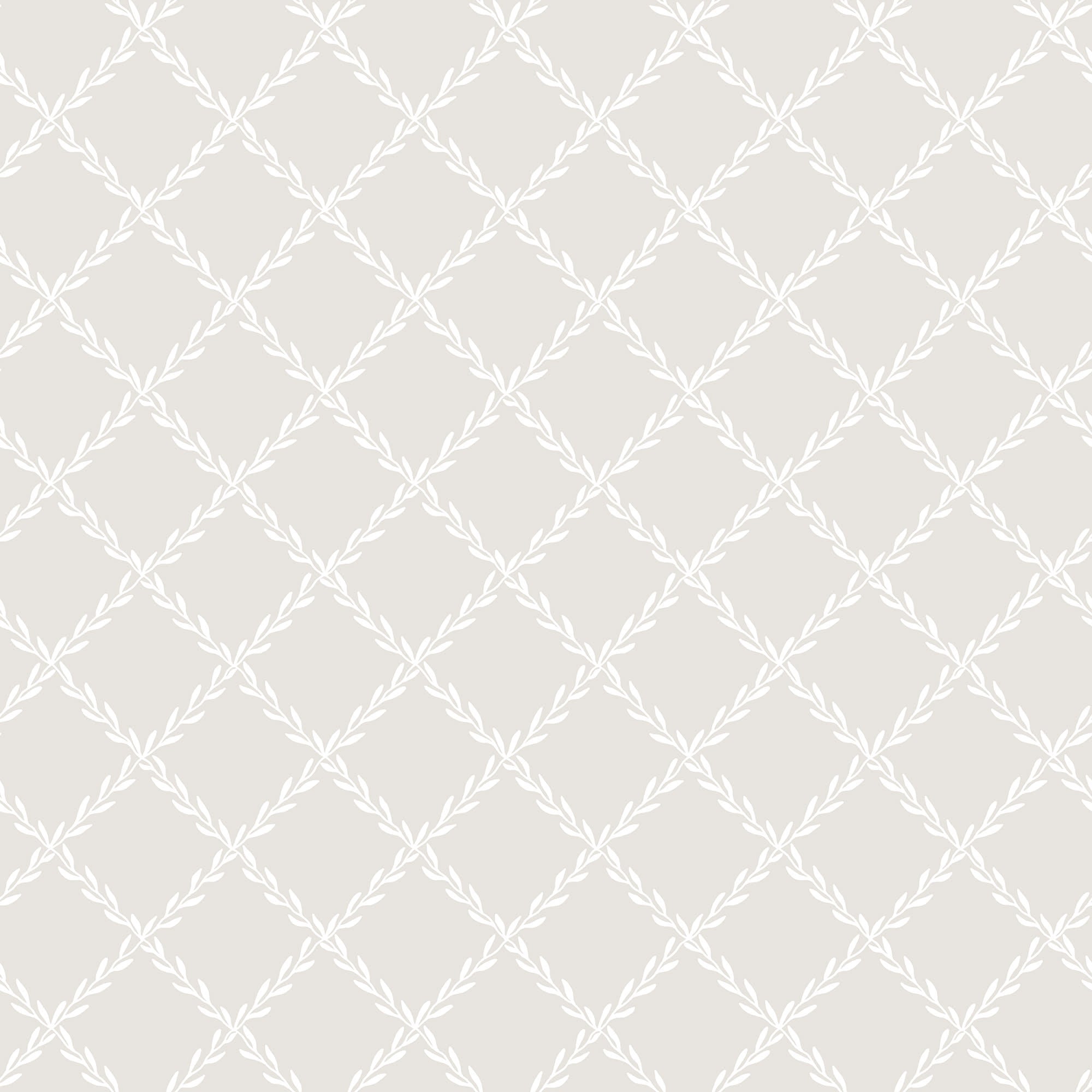 Trellis wallpaper by Sandberg in white on soft greige, leaf-trail trellis design, flat roll swatch