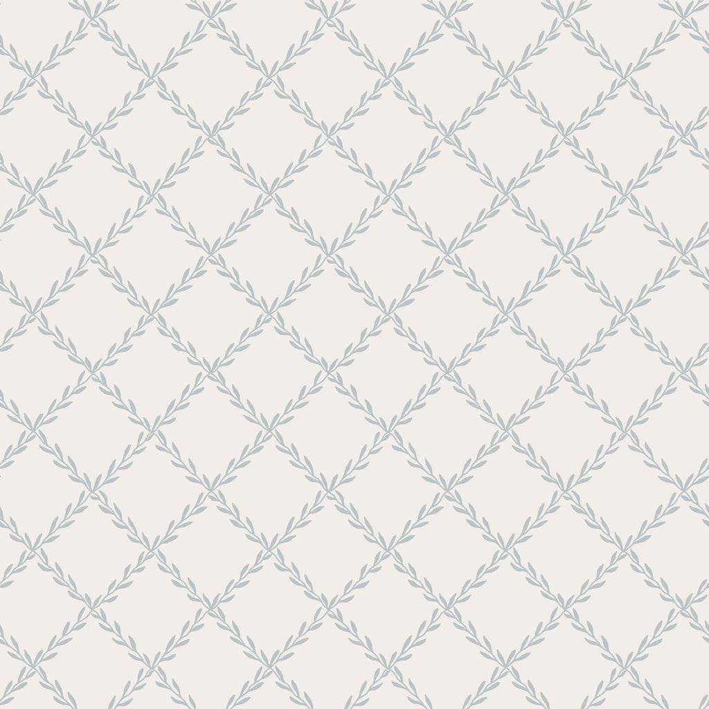 Trellis wallpaper by Sandberg in soft dusty blue, leafy vine diamond lattice on cream, flat roll swatch