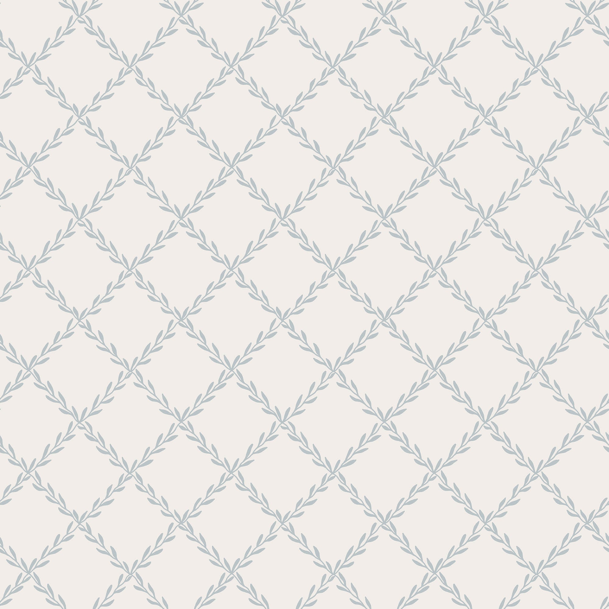 Trellis wallpaper by Sandberg in soft dusty blue, leafy vine diamond lattice on cream, flat roll swatch