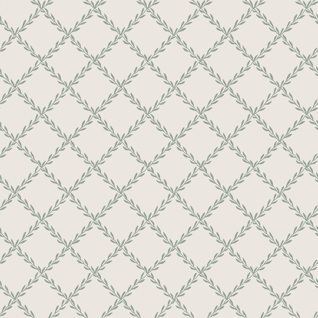 Trellis wallpaper by Sandberg in sage green, leafy laurel-vine diamond lattice on cream, flat roll swatch