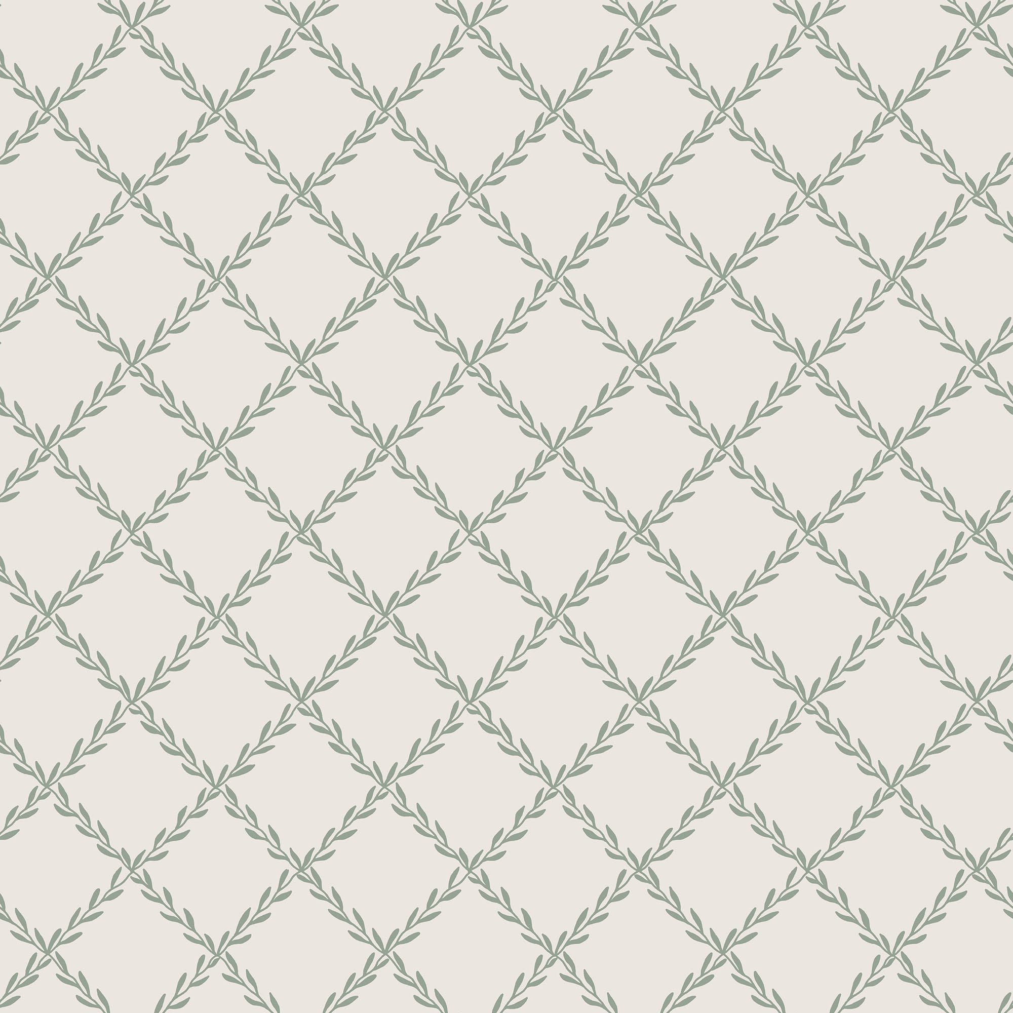 Trellis wallpaper by Sandberg in sage green, leafy laurel-vine diamond lattice on cream, flat roll swatch