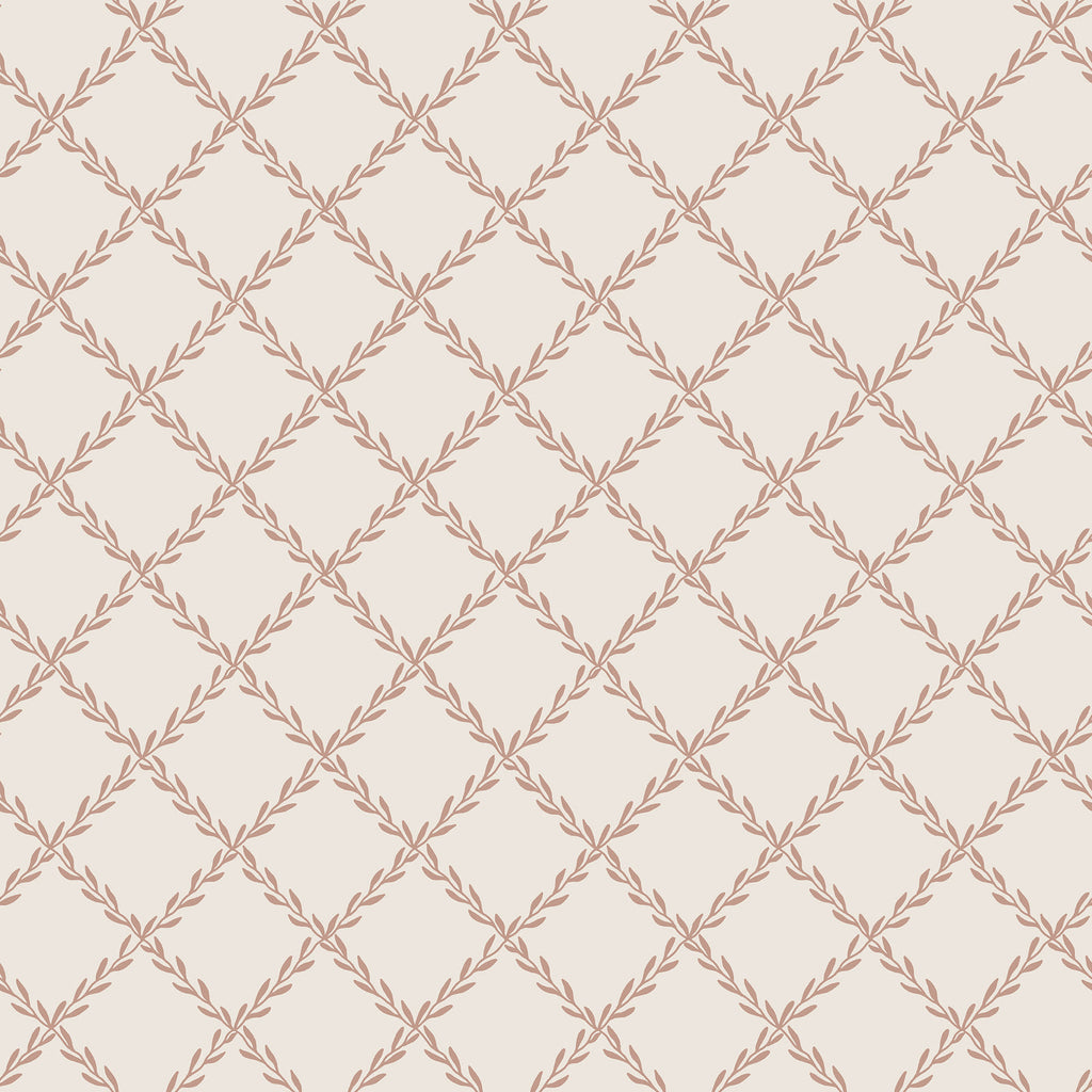 Trellis wallpaper by Sandberg in clay pink, leafy laurel-vine diamond lattice on cream, flat roll swatch