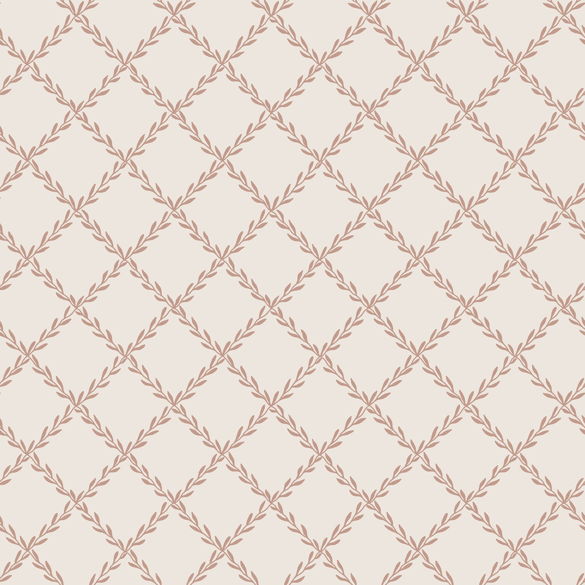 Trellis wallpaper by Sandberg in clay pink, leafy laurel-vine diamond lattice on cream, flat roll swatch