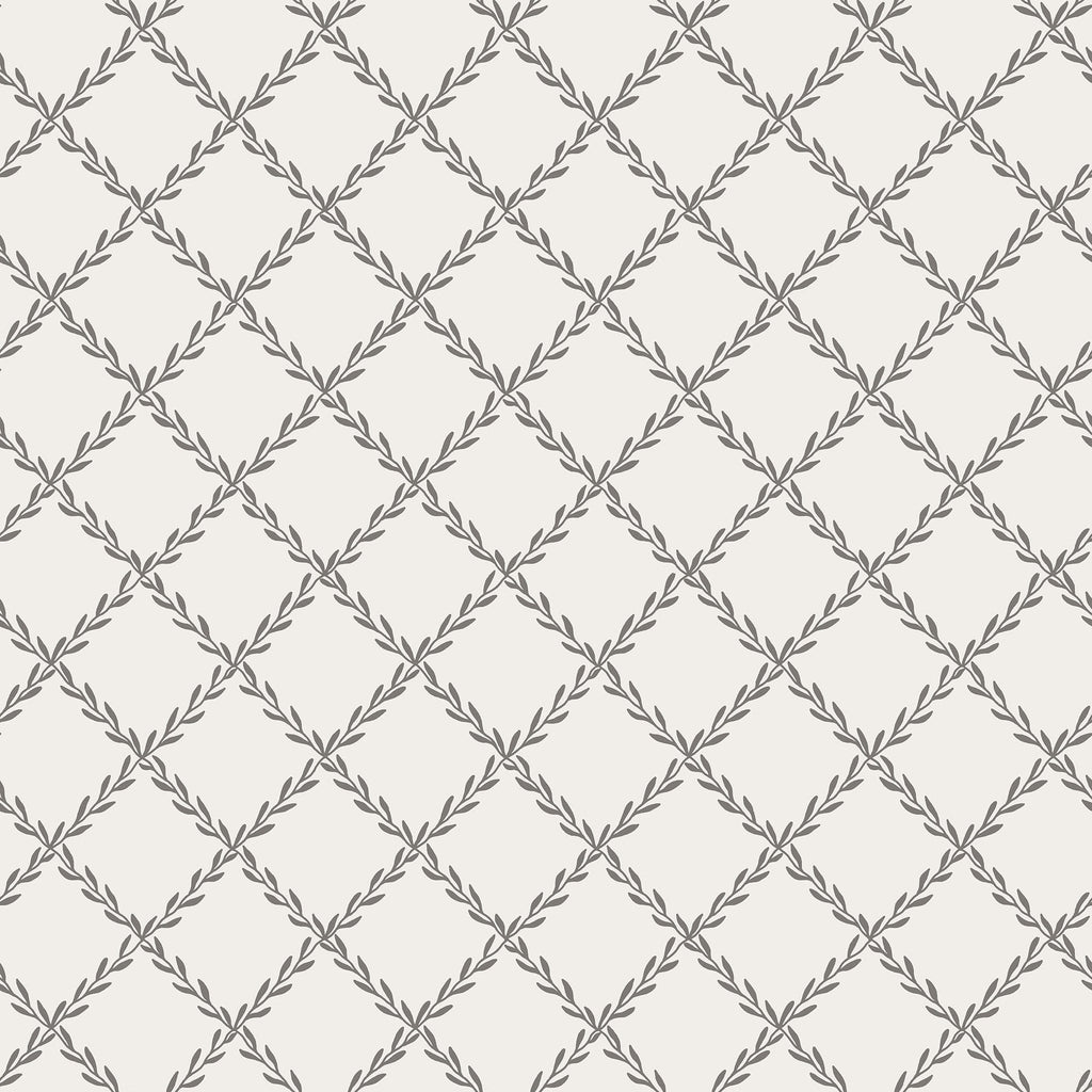 Trellis wallpaper by Sandberg in charcoal grey, leafy vine diamond lattice on cream, flat roll swatch