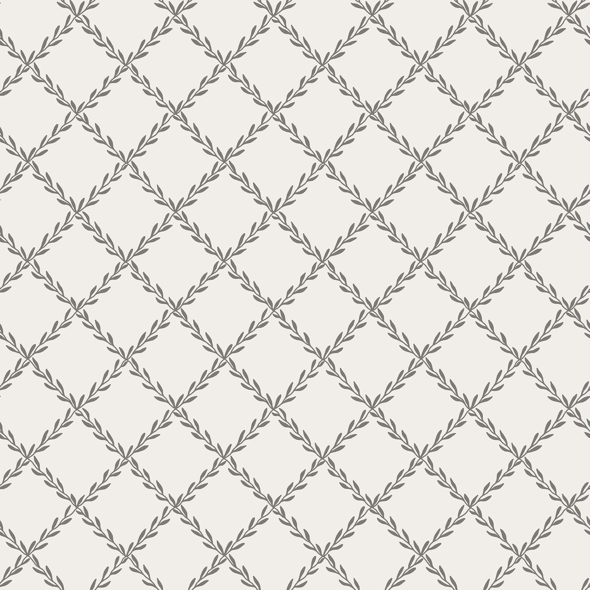 Trellis wallpaper by Sandberg in charcoal grey, leafy vine diamond lattice on cream, flat roll swatch