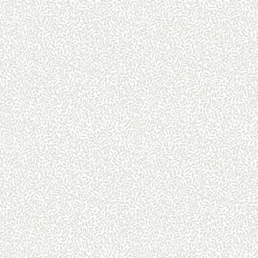 Bladverk wallpaper by Sandberg in soft grey on white, delicate trailing leaf-sprig pattern, flat roll swatch
