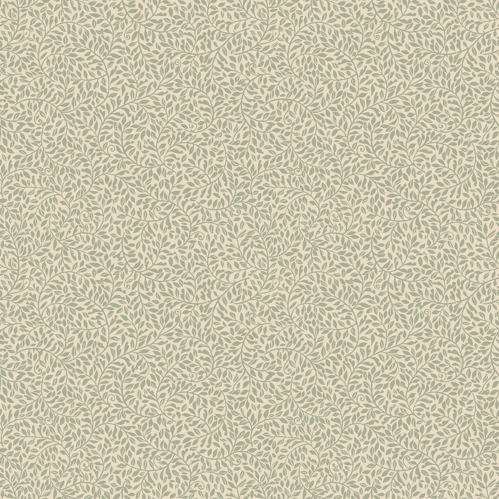Bladverk wallpaper by Sandberg in sage green on cream, dense trailing leaf-sprig pattern, flat roll swatch