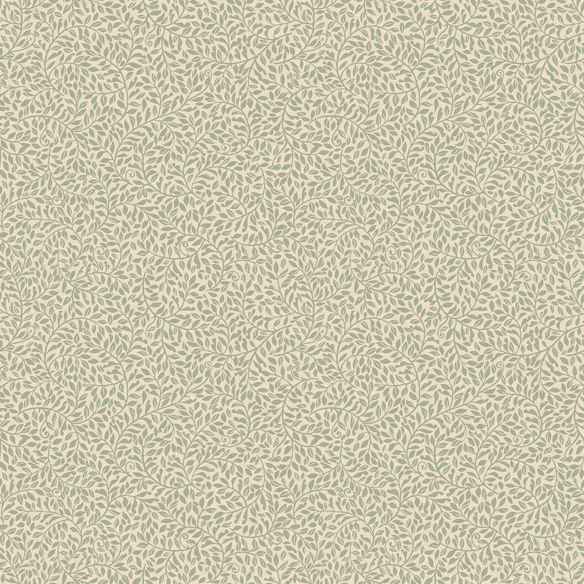 Bladverk wallpaper by Sandberg in sage green on cream, dense trailing leaf-sprig pattern, flat roll swatch