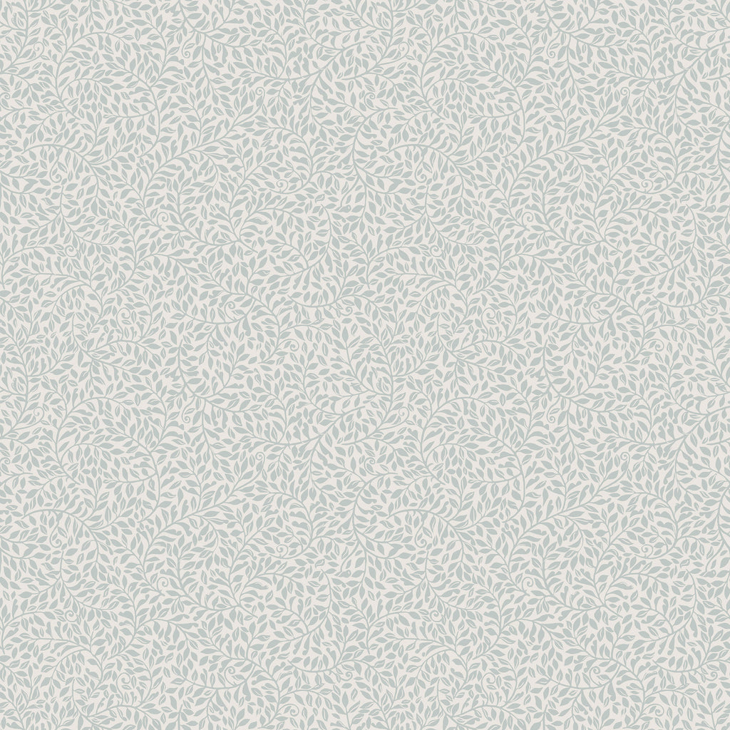 Bladverk wallpaper by Sandberg in pale grey-green, delicate leaf-sprig pattern on white, flat roll swatch