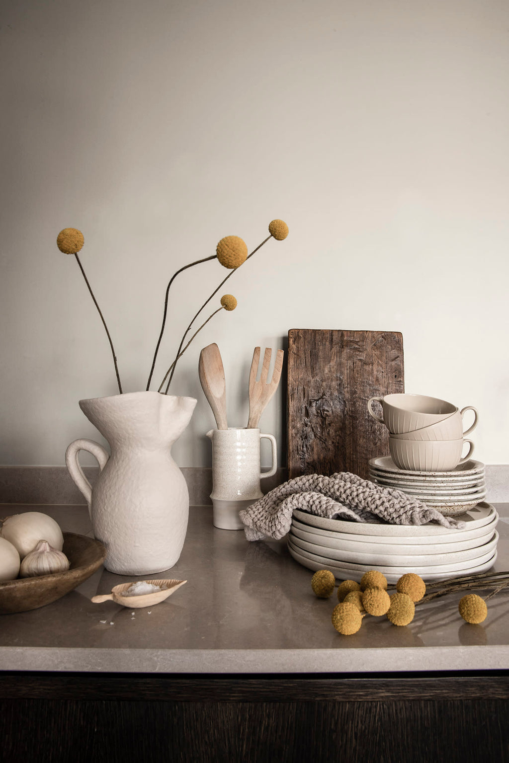 Sten wallpaper by Sandberg in White, styled on an interior wall