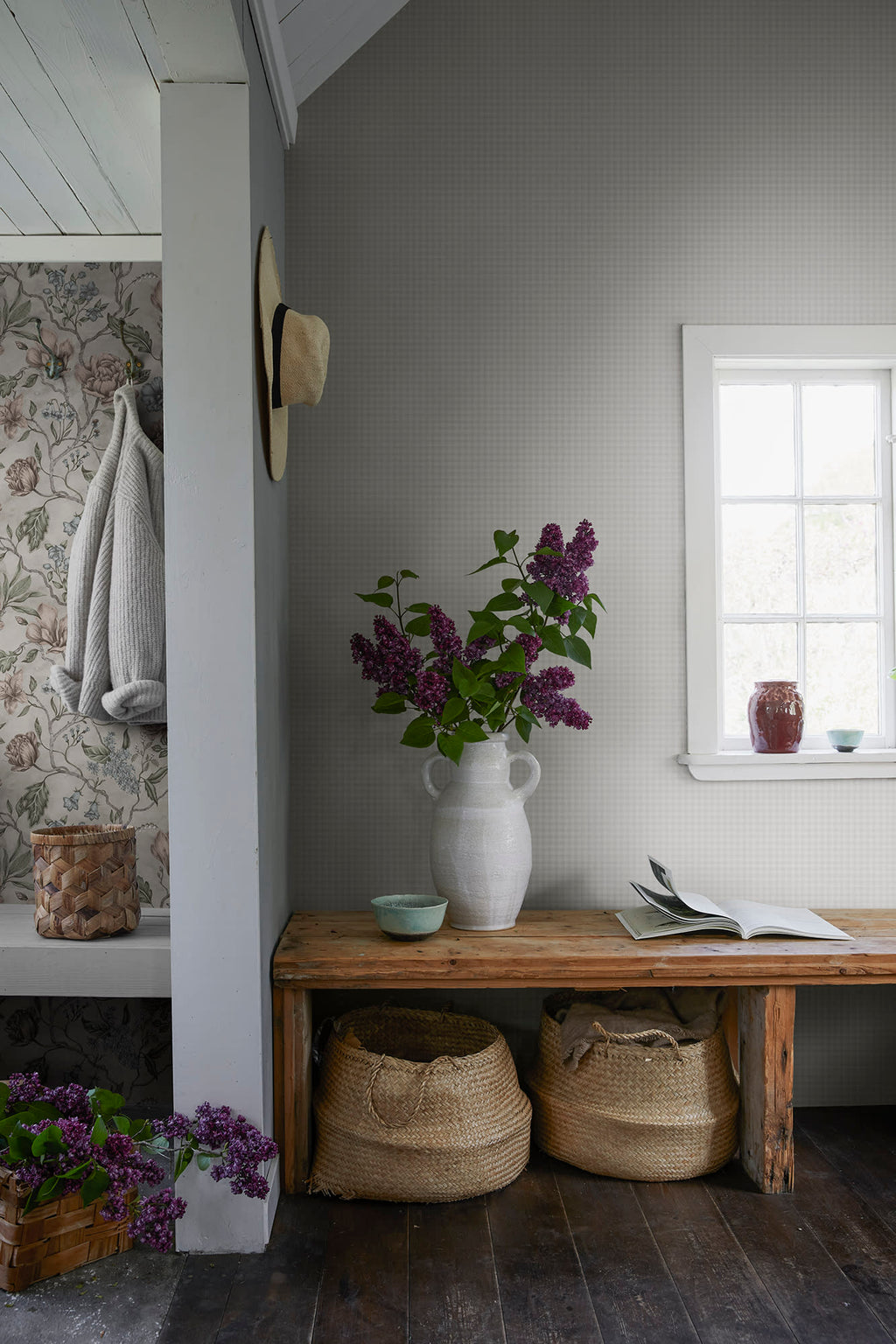 Ruta wallpaper by Sandberg in Grey, styled on an interior wall
