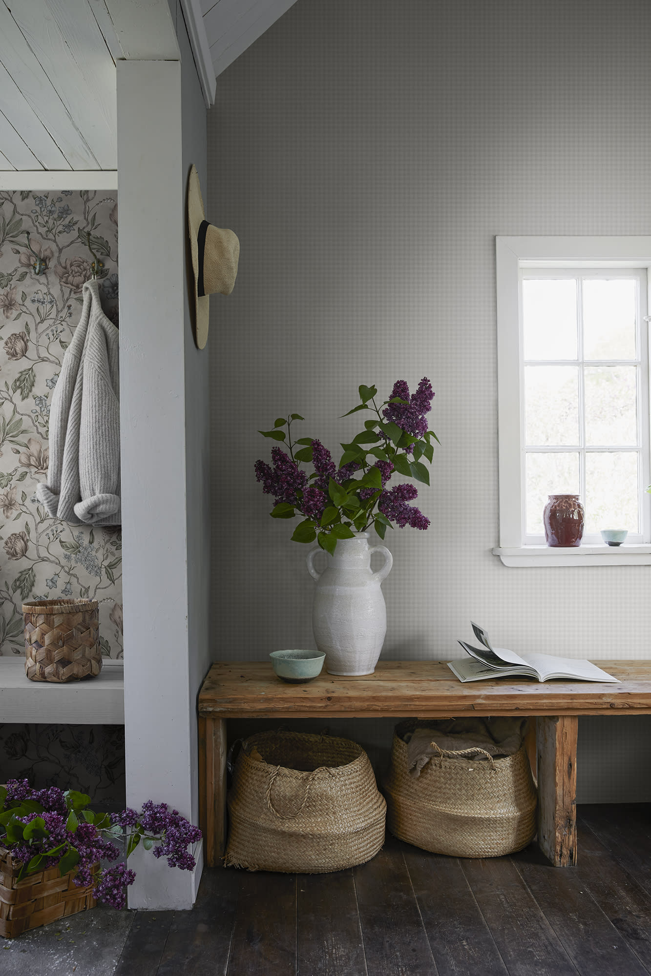 Ruta wallpaper by Sandberg in Grey, styled on an interior wall