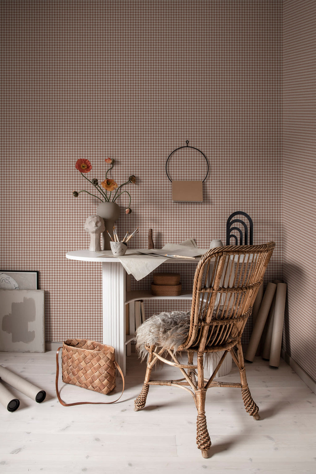Ruta wallpaper by Sandberg in Terracotta, styled on an interior wall