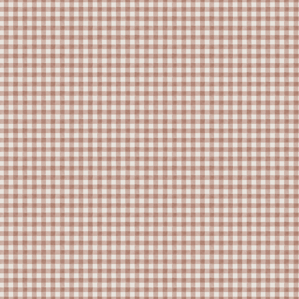 Ruta wallpaper by Sandberg in clay terracotta pink gingham check on white, flat roll swatch