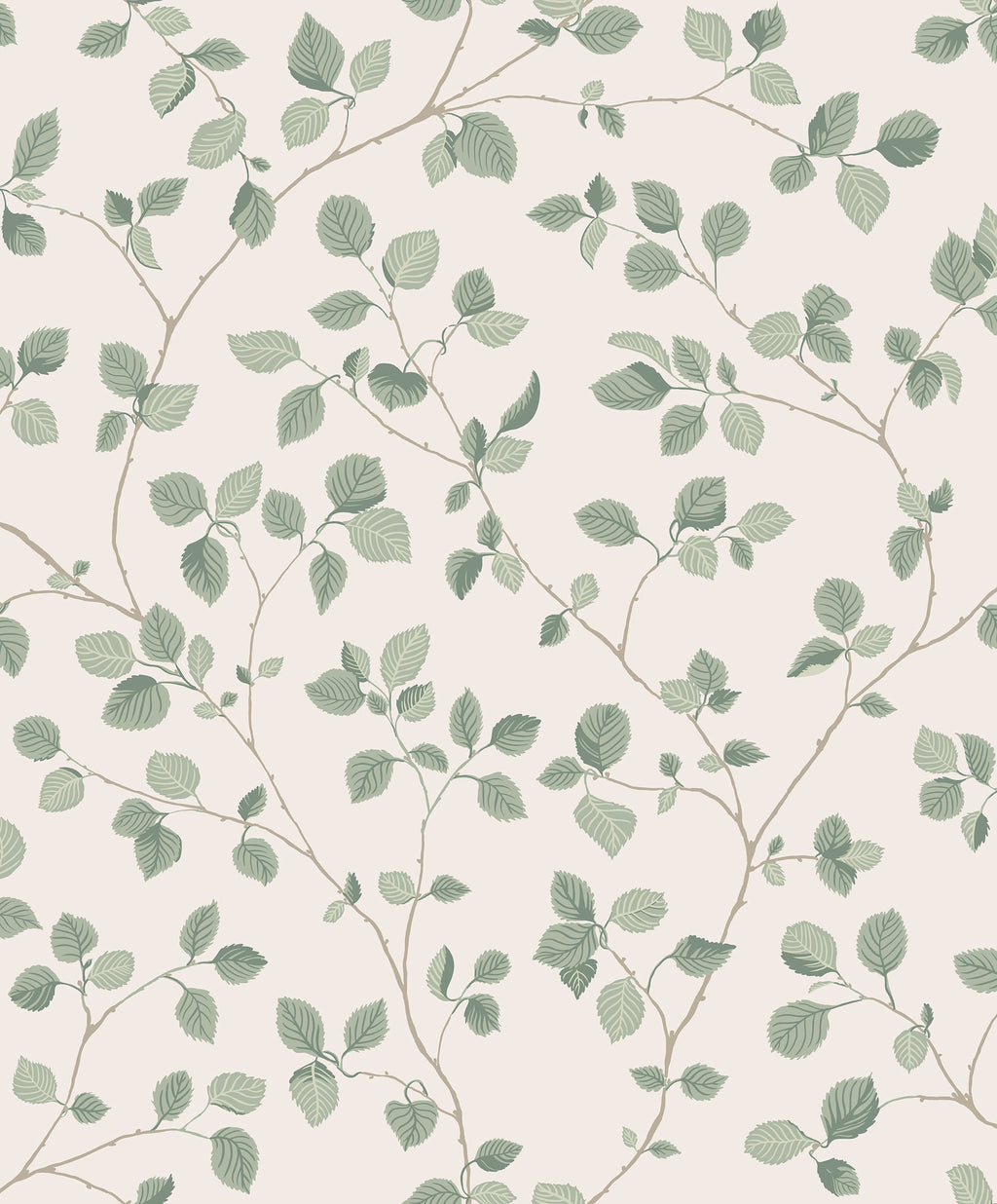 Bokskog wallpaper by Sandberg, flat swatch of trailing green birch leaves on slender twigs over a soft cream ground