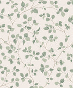 Bokskog wallpaper by Sandberg, flat swatch of trailing green birch leaves on slender twigs over a soft cream ground