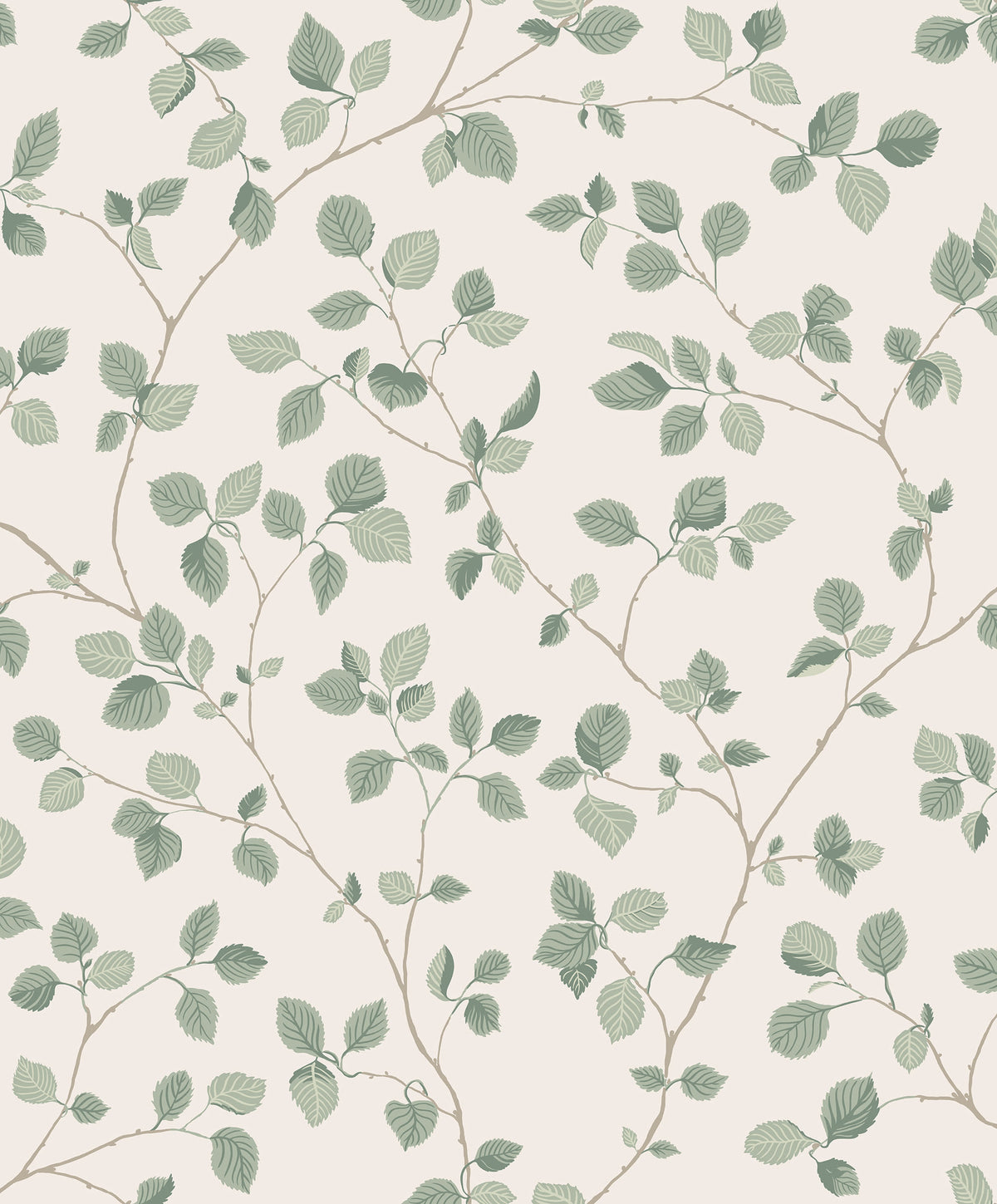Bokskog wallpaper by Sandberg, flat swatch of trailing green birch leaves on slender twigs over a soft cream ground