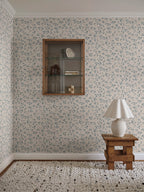 Bokskog wallpaper by Sandberg – Blue – Misty Blue colourway, styled on an interior wall