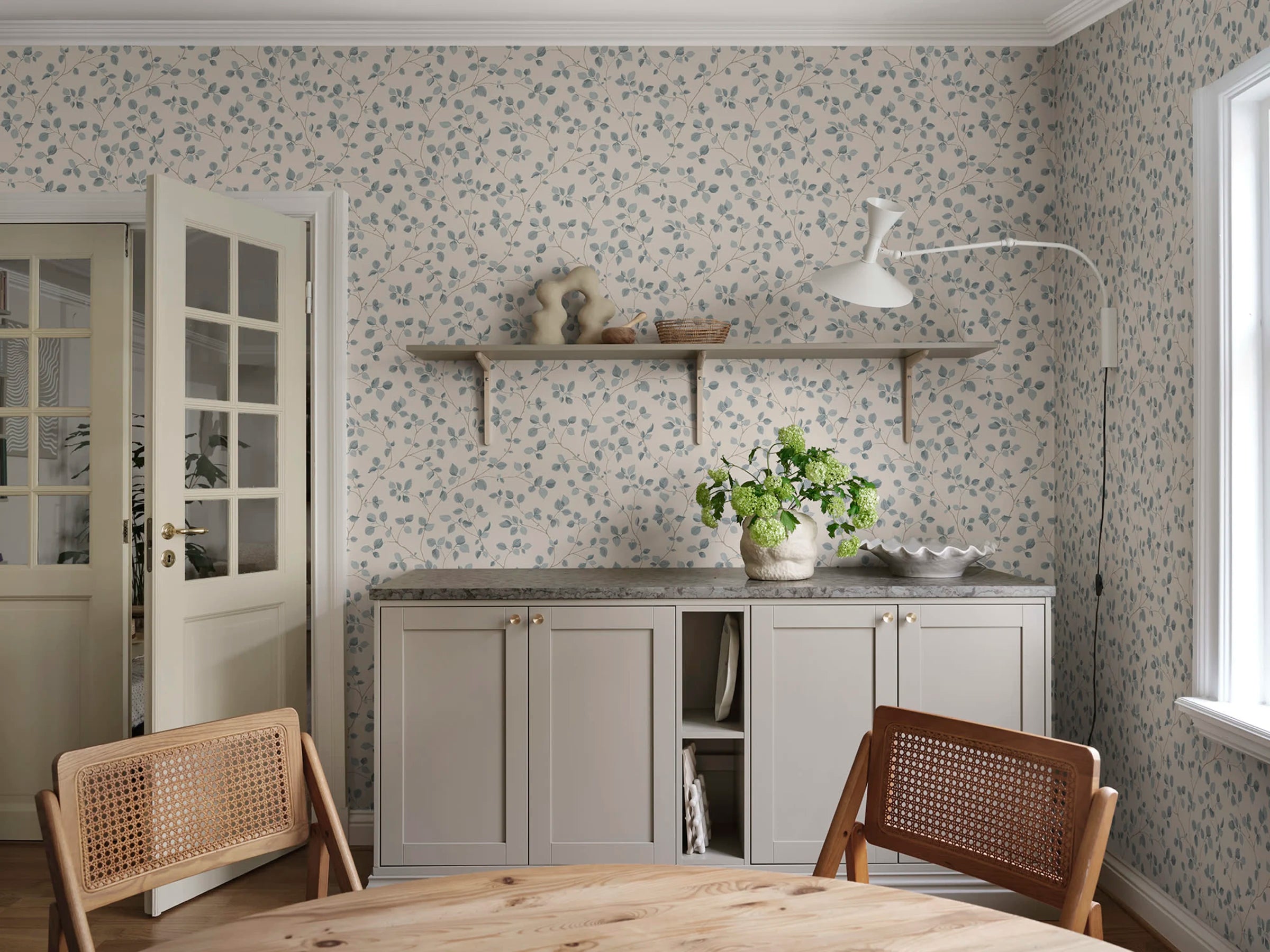 Bokskog wallpaper by Sandberg – Blue – Misty Blue colourway, styled in a second room setting