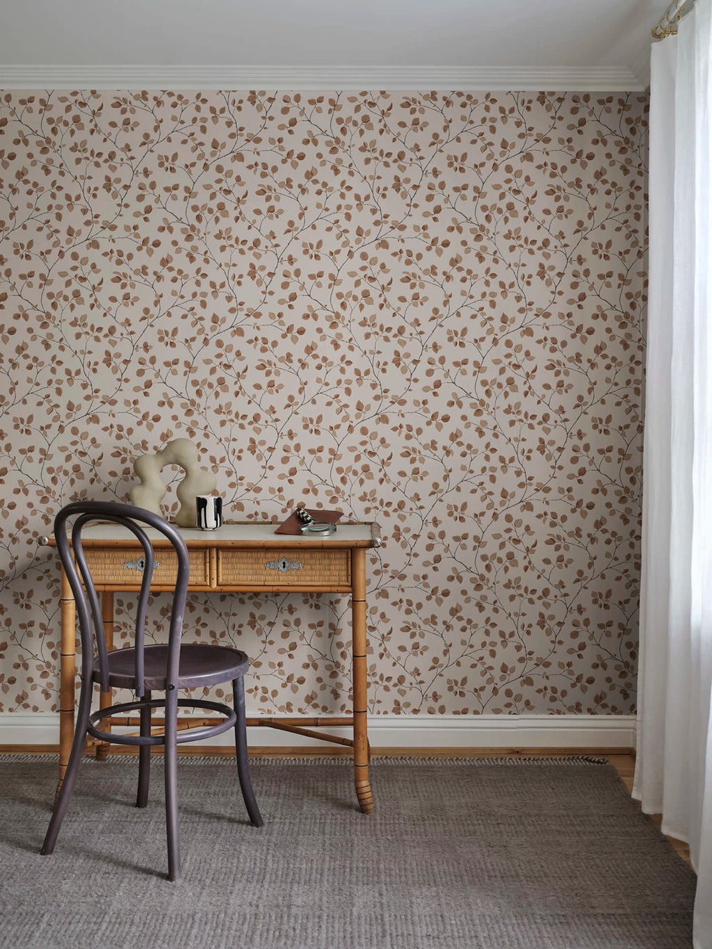 Bokskog wallpaper by Sandberg – Orange – Terracotta colourway, styled on an interior wall