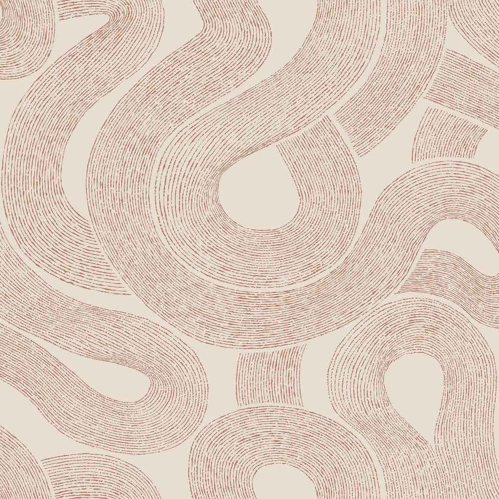 Zen wallpaper by Sandberg, flat swatch of the swirling looped line pattern in terracotta on cream