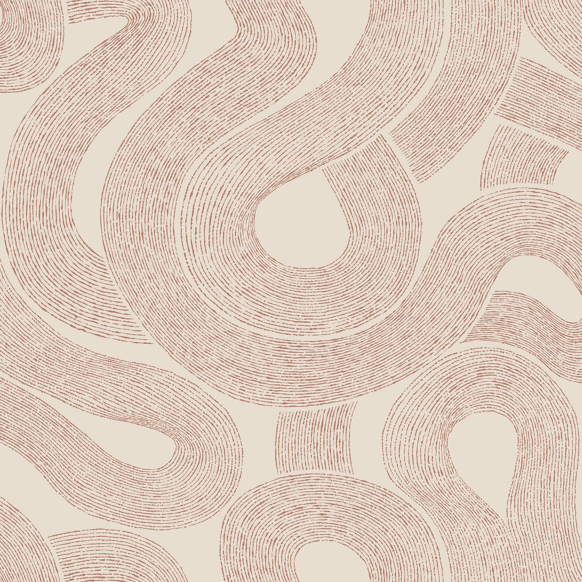 Zen wallpaper by Sandberg, flat swatch of the swirling looped line pattern in terracotta on cream