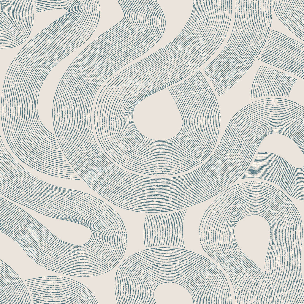 Zen wallpaper by Sandberg, flat swatch of the swirling looped line pattern in blue on cream