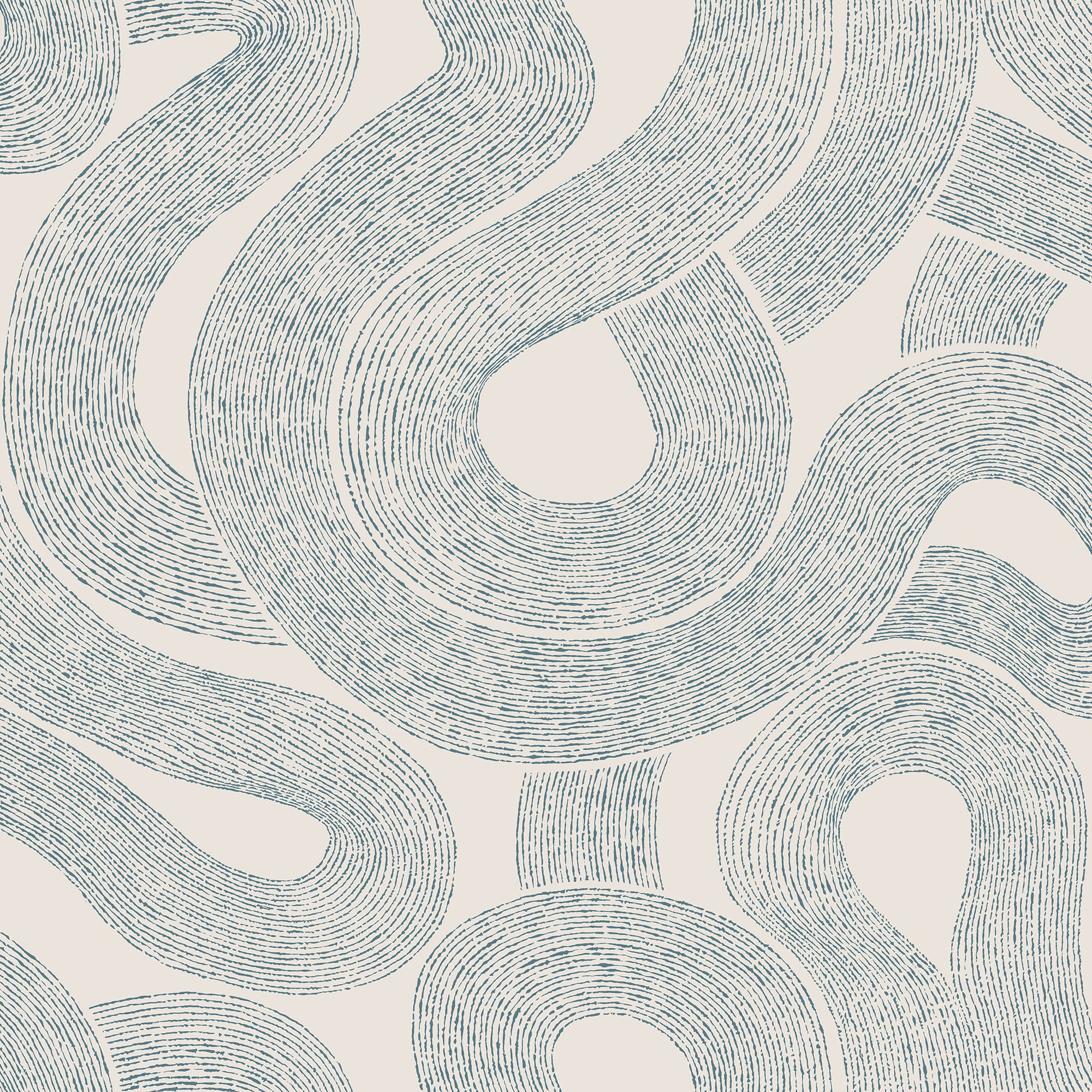 Zen wallpaper by Sandberg, flat swatch of the swirling looped line pattern in blue on cream